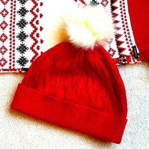 Talbots Vibrant Red Hat with Fluffy White Pom-Pom